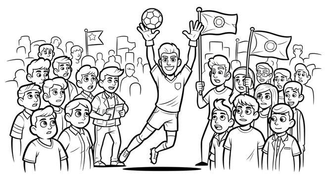 Jubilant handball player scoring a goal with cheering crowd.