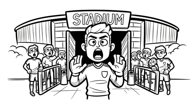 Shocked soccer player blocking panicked stadium entrance.
