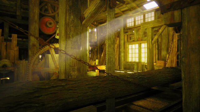 Dusty machinery hall with shafts of light cutting through rafters, corroded wheels, hanging chains, textured floorboards and moody amber atmosphere suggesting