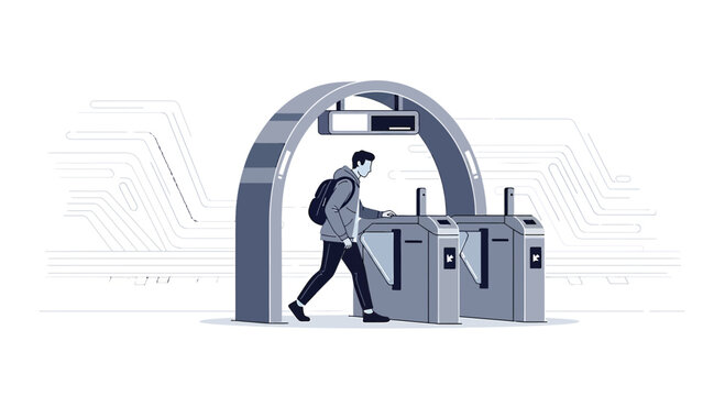 Man passing through electronic ticket gate at metro station, futuristic design