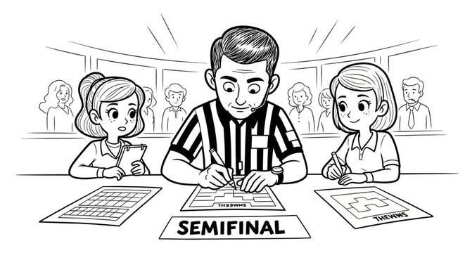 Focused referee judging a competitive semifinal quiz event.