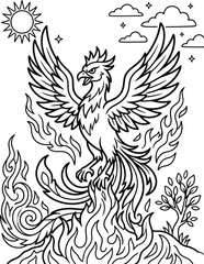 Fototapeta premium Detailed phoenix bird rising from fire flames. Perfect for fantasy lovers and advanced coloring book designs.