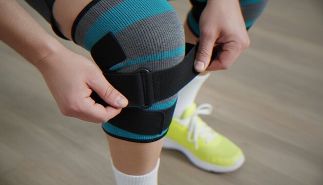 A close-up shot of a person wearing a blue and grey striped compression knee brace with adjustable straps to provide support and stability during athletic activity.