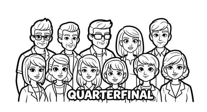 Diverse cartoon group illustration for quarterfinal event.
