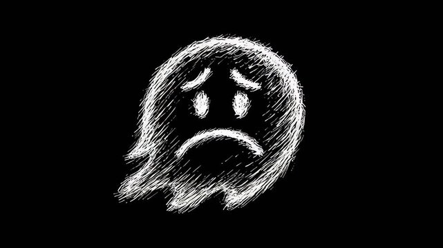 Animated chalk drawing of a sad ghost on blackboard.
