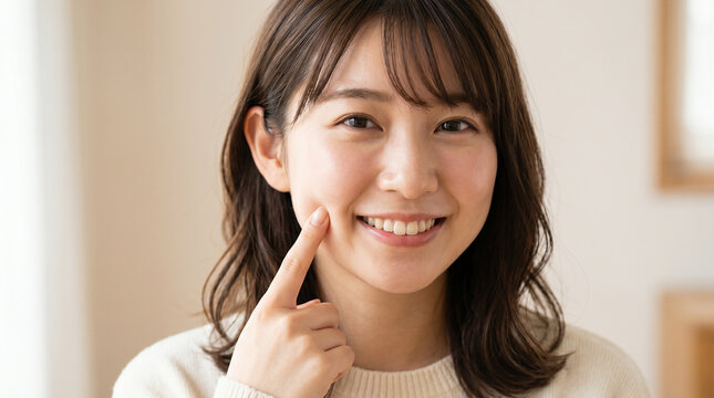 頬を突く若い女性