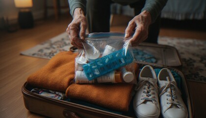 An elderly person carefully packing a plastic bag filled with prescription pill bottles and a daily medication organizer into a travel suitcase. © dang