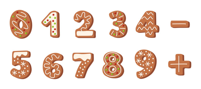Cartoon gingerbread cookie numbers. Christmas numbers from 0 to 10, plus and minus signs, cute cartoon holiday font.