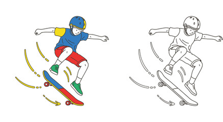 Active young boy doing a skateboard trick jumping in air. Coloring book page outline and full color vector illustration. © MstTabassum