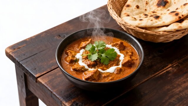 Steaming curry with naan bread