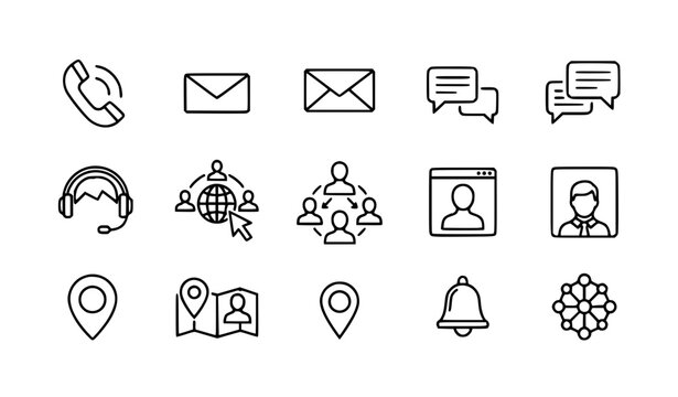 Contact us and social media outline icon collection vector isolated on white