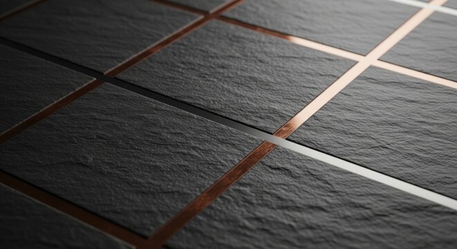 Dark slate tiles, copper grout lines, textured stone flooring, modern bathroom design