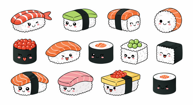 Cute Sushi Characters Collection Featuring Nigiri, Maki, and Gunkan Sushi, Vector Illustration