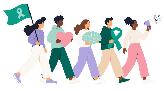 Group of diverse people walking forward with awareness ribbon.