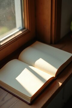 Cuaderno colocado cerca del borde de la ventana, p&aacute;ginas en blanco iluminadas por una suave luz natural