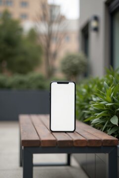 Espacio de trabajo con banco al aire libre enmarcado por un fondo urbano neutro con tonos grises, beiges y topo, que incluye un elegante tel&eacute;fono