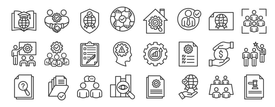 Quality management system outline icon set. Contain quality assurance, improvement, risk management, corrective action, customer focus, benchmarking, communication, commitment, documented information