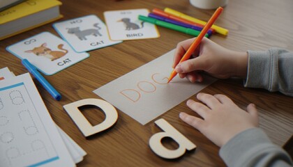 A close-up of a child's hands writing the word DOG on a piece of paper surrounded by wooden letters, flashcards, and colorful markers, focusing on early childhood education and literacy.