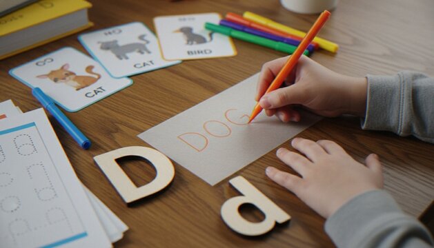 A close-up of a child's hands writing the word DOG on a piece of paper surrounded by wooden letters, flashcards, and colorful markers, focusing on early childhood education and literacy.