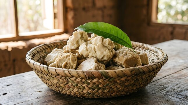 A wicker basket filled with soapnuts sits on a wooden table in a rustic room with natural light pouring in through the windows.