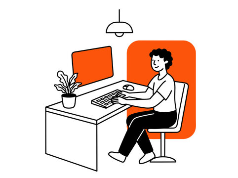 Flat vector illustration of man working at desk, freelance and remote business management, computer workstation