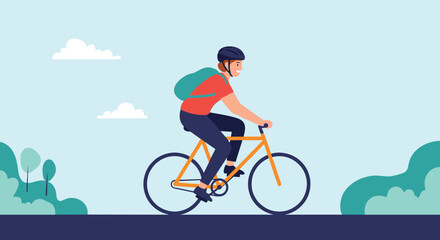 Fototapeta premium Active person wearing a helmet and backpack rides a bicycle along a path through a sunny park with green trees and clouds.