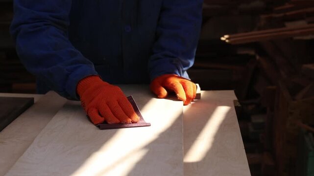 A hand in an orange glove sands a wooden surface with sandpaper. The master processes a wooden board manually using sandpaper. The process of preparing wood for painting or varnishing in a workshop