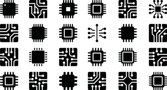 Mega bundle of minimalist microchip and circuit board solid black icons, flat vector electronic processor and cpu symbols for tech startup UI design, IT network dashboard and SaaS presentation