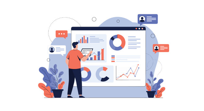 Professional data scientist analyzes complex charts, graphs, and statistics on a large interactive screen in a modern high-tech office.