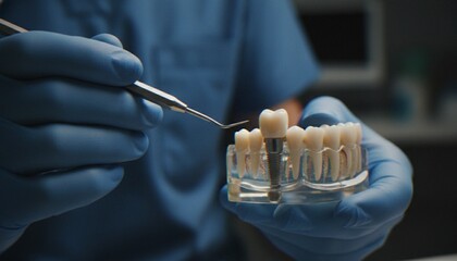 Fototapeta premium A dentist wearing blue gloves holding a transparent dental model showing a tooth implant, with a dental probe tool in the other hand.