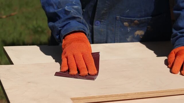 A hand in an orange glove sands a wooden surface with sandpaper. The master processes a wooden board manually using sandpaper. The process of preparing wood for painting or varnishing in a workshop
