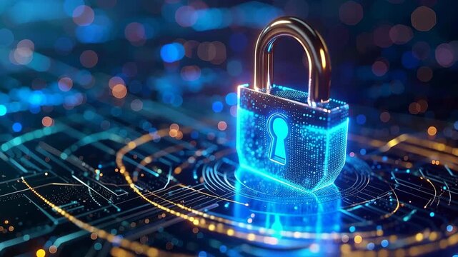 Digital Security Lock: A glowing blue padlock sits atop a circuit board, symbolizing digital security, data protection, and cybersecurity in the modern technological landscape.
