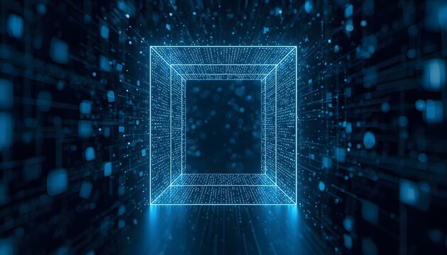 Glowing digital cube portal formed by abstract data streams in a dark virtual cyberspace environment representing advanced artificial intelligence connectivity