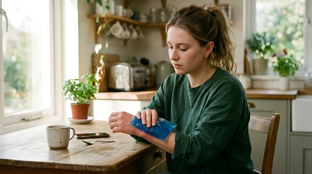 Woman Applying Cold Pack to Her Arm in Bright Kitchen Setting with Natural Light