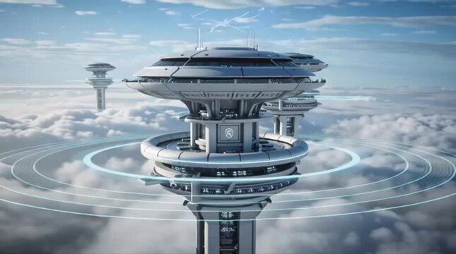 Futuristic high-tech control tower structures floating in the clouds with circular energy rings.