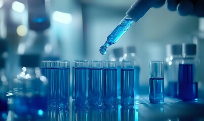 Fototapeta na wymiar Scientist in laboratory conducting chemical experiment with blue liquid in test tubes and pipette, research and development in medical or pharmaceutical testing environment.