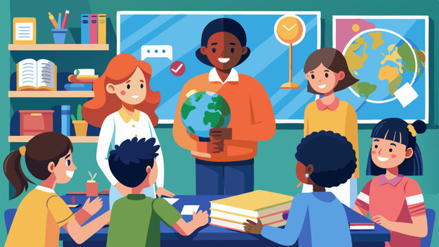 Ilustraci&oacute;n vectorial de estudiantes de un aula multicultural aprendiendo con la instrucci&oacute;n del profesor y herramientas educativas en un entorno escolar diverso.