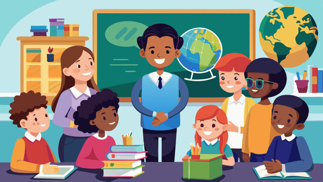Ilustraci&oacute;n vectorial de estudiantes de un aula multicultural aprendiendo con la instrucci&oacute;n del profesor y herramientas educativas en un entorno escolar diverso.