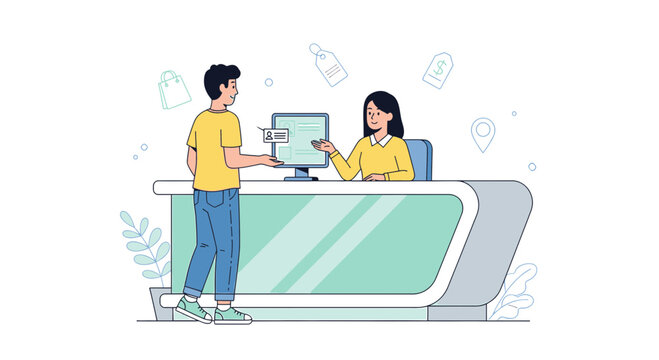 Customer interaction at reception desk with digital payment icon and shopping bag