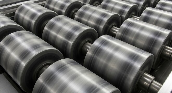 Industrial Metal Rollers in a Manufacturing Facility, Close-Up View.