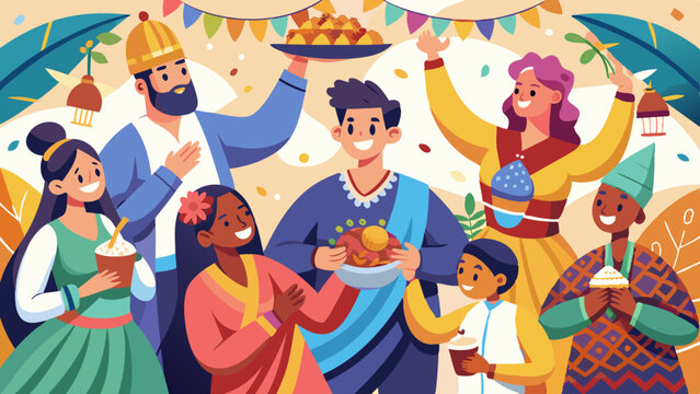 Ilustraci&oacute;n vectorial de una celebraci&oacute;n comunitaria multicultural que muestra tradiciones internacionales, intercambio gastron&oacute;mico y actividades de danza en un festival inclusivo.