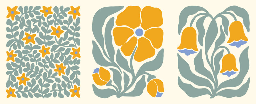 Retro naive folk art floral poster set. large yellow flowers, bluebells, green leaves, pastel shapes. for aesthetic wall art prints, modern bohemian canvas. flat vector botanical art.