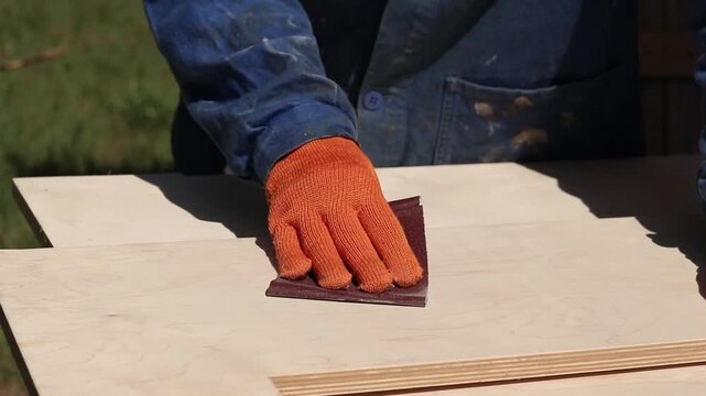 A woman in blue work clothes and protective gloves is working on the processing of a wooden board. The process of sanding the surface of a board using sandpaper. Handicraft, hobby.
