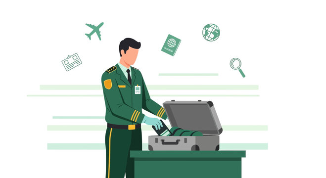 Customs officer checking luggage at airport, border control, travel security
