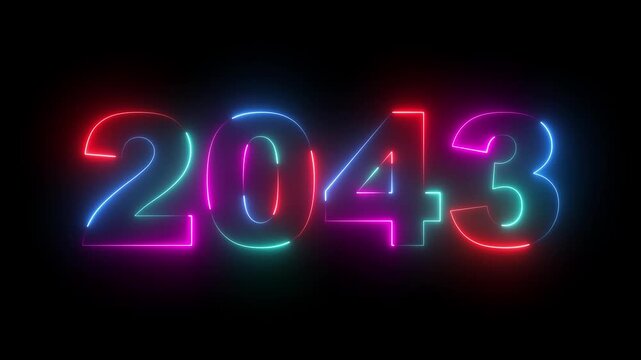 Happy new year 2043 animated neon text animation. Festival, new life, growth of business, investment, finance, innovation, Glowing neon number text happy new year. Four rainbow color neon animation,4k