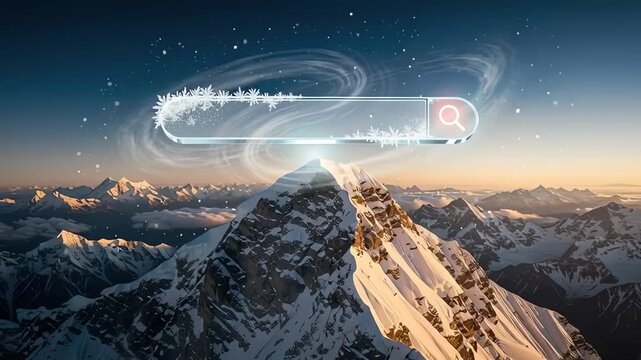 Digital search bar hovering over mountain peak at sunset.