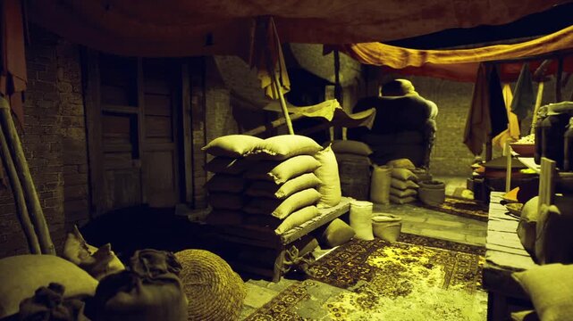 Dim market storage stacked burlap sacks under weathered canopy, loose grain scattered on stone floor, warm lantern glow creating deep shadows and quiet rustic