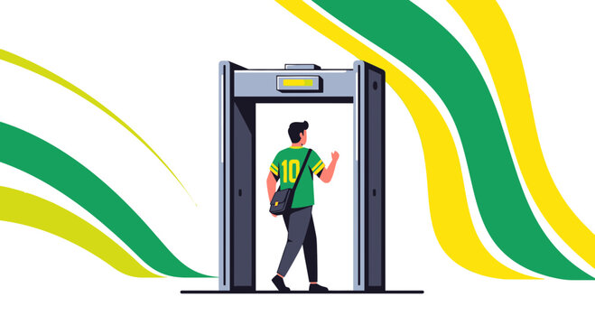 Man in Sports Jersey Walks Through Metal Detector Security Gate