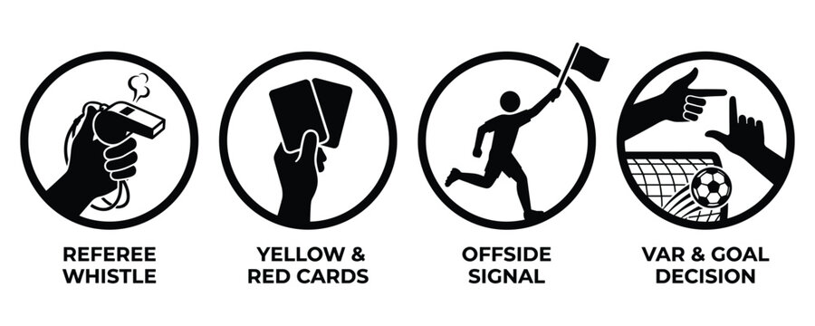 Referee icons vector illustration collection with whistle cards offside signal and var decisions.