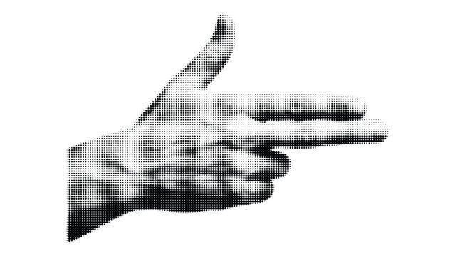 Black and white halftone illustration of a hand making a playful gun gesture with two extended fingers. This common hand sign is often used for pointing or as a 'finger gun'.